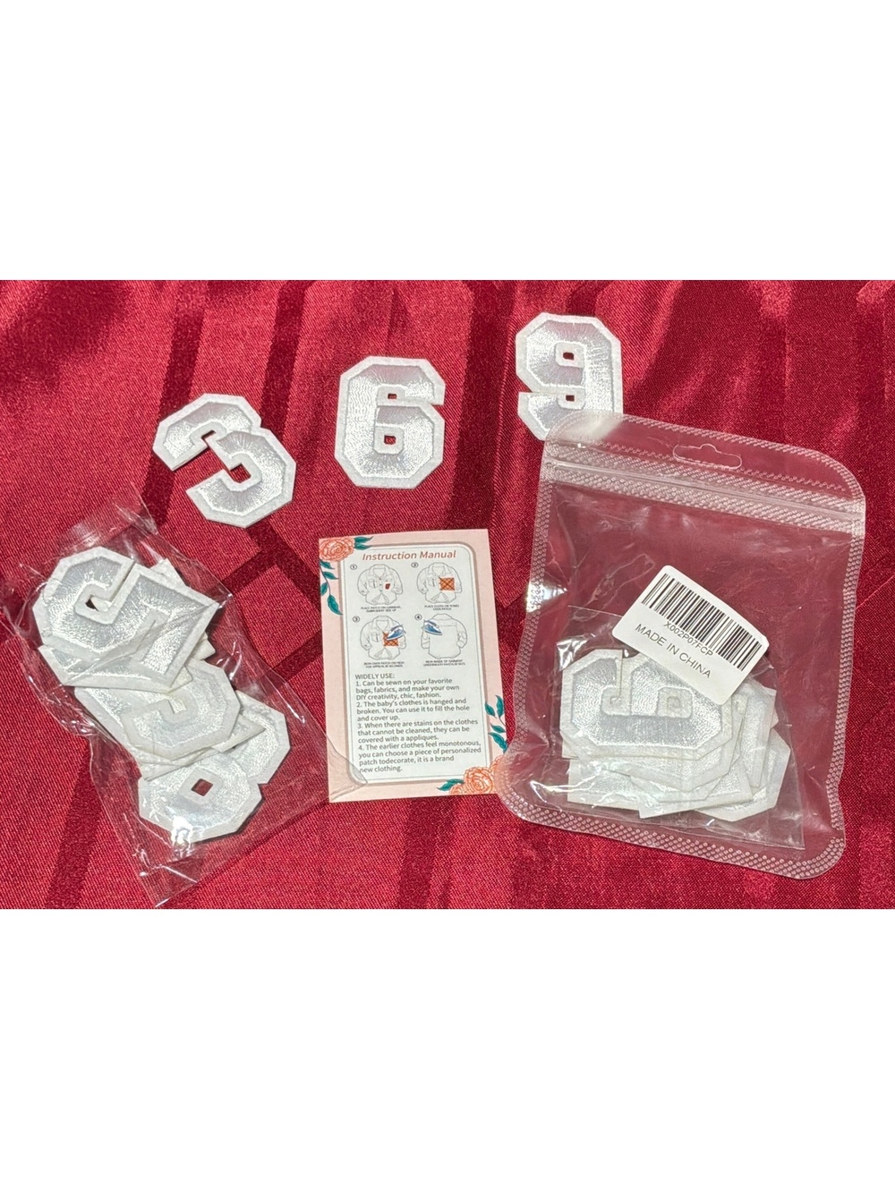 White Iron-On Number Patches Set with Instruction Manual